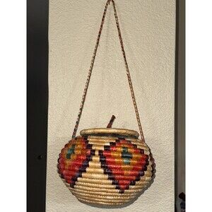 Hand Made Multi-Colored Coiled Basket w/Lid and Braided strap Vintage